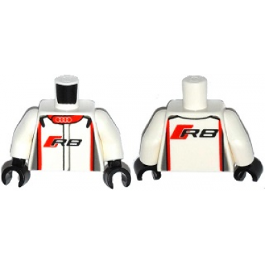 white torso racing suit with audi logo and r8 on front and back pattern white arms black hands