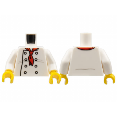 white torso chef with 8 buttons long red neckerchief light bluish gray wrinkles and back print pattern white arms yellow hands
