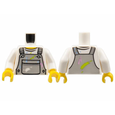 white torso crew neck shirt with light bluish gray overalls with breast pocket and paint stains pattern white arms yellow hands