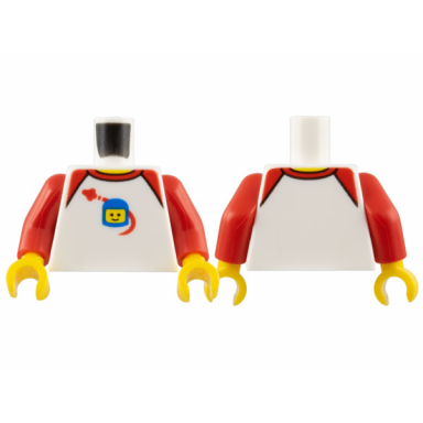 white torso shirt with red collar and shoulders spaceship orbiting classic space helmet pattern red arms yellow hands