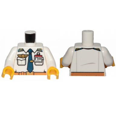 white torso airplane pilot shirt with dark blue tie with clip epaulettes gold logo pin and red and white id badge pattern white arms yellow hands