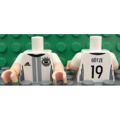 white torso soccer shirt with adidas logo 4 stars and eagle front gãtze 19 back pattern light nougat arms with molded white short sleeves pattern light nougat hands