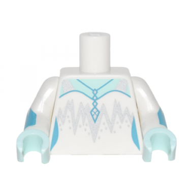 white torso dress with silver jagged lines dots straps and pendant pattern white arms with dark azure jagged cuffs pattern light aqua hands