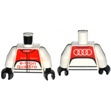 white torso racing suit with audi logo audi sport e-tron quattro on front and audi logo on back pattern white arms black hands