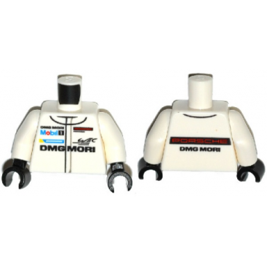 white torso racing suit with porsche dmg mori and mobil 1 logo pattern white arms black hands