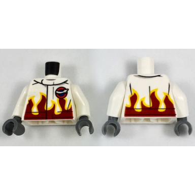 white torso racing jacket with flames and aviation airshow logo pattern white arms dark bluish gray hands