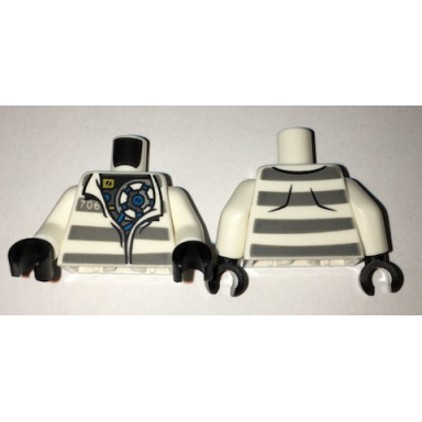 white torso town prisoner open collar number 706 dark bluish gray stripes mechanical pattern white arms black hands