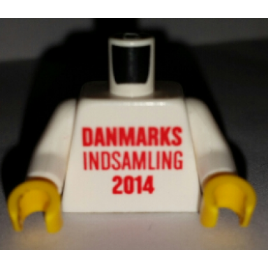 white torso red danmarks indsamling 2014 lego logo on back pattern white arms yellow hands