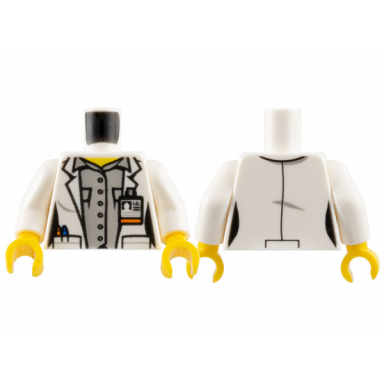 white torso female lab coat open with pockets and id badge over light bluish gray button up shirt yellow neck pattern white arms yellow hands