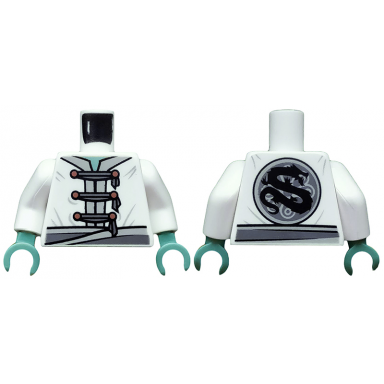 white torso ninjago tunic with light gray trim and belt 3 dark gray ties with gold buttons dragon symbol on back pattern white arms sand green hands