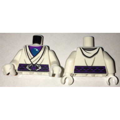 white torso ninjago tunic with metallic light blue jewel dark purple belt with snake buckle front and back pattern white arms white hands