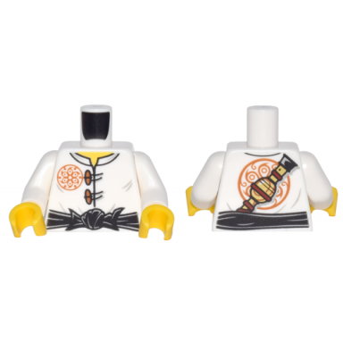 white torso ninjago dark orange flower medallion and toggle buttons black sash pipe on back pattern white arms yellow hands