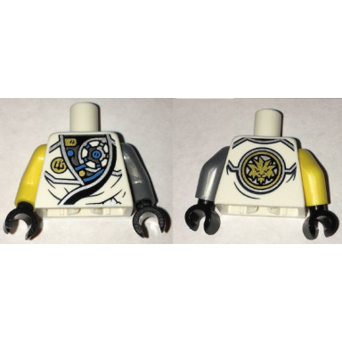 white torso ninjago robe with exposed mechanical parts ninjago logogram letter z and gold lion on back pattern flat silver arm left yellow arm right black hands