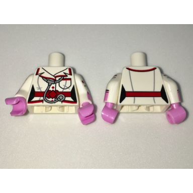 white torso batman female outline with red trim and belt stethoscope and pockets pattern white arms with stripes and pink glove cuffs bright pink hands