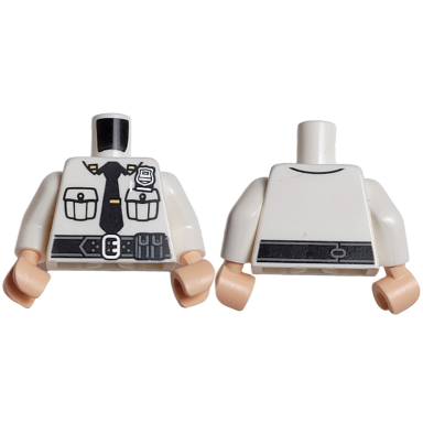 white torso police shirt with black tie silver badge black belt with pouch and buckle on front line on back pattern white arms light nougat hands