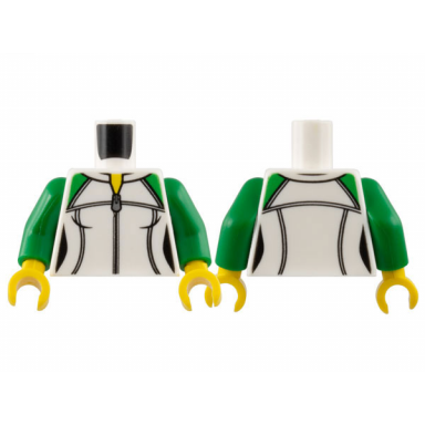 white torso female sweatshirt with silver zipper and green shoulders yellow neck pattern green arms yellow hands