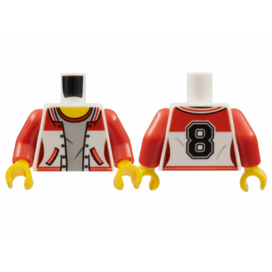 white torso female jacket open light bluish gray shirt with red collar yellow neck black number 8 on back pattern red arms yellow hands