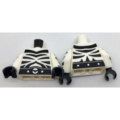 white torso super hero with black zebra stripes and belt on front and back pattern white arms with black zebra stripes pattern black hands