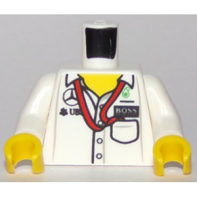 white torso speed champions with boss mercedes-benz petronas and ubs logos and red ribbon and pocket front and back pattern white arms yellow hands
