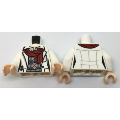 white torso lab coat with dark red scarf over knit argyle sweater pattern white arms light nougat hands