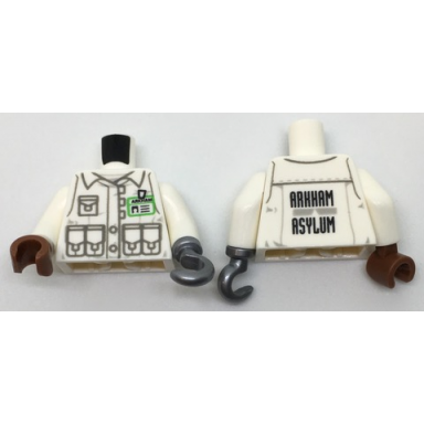 white torso jacket with 5 pockets bright green id badge and arkham asylum on back pattern white arms flat silver hook left reddish brown hand right