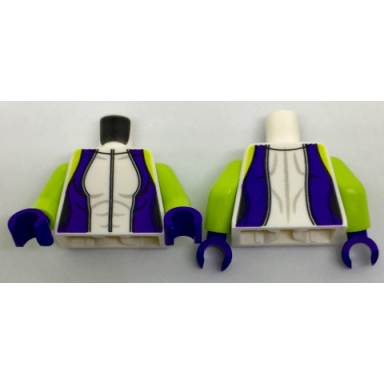white torso female outline dark purple sides lime shoulders and zipper front pattern lime arms dark purple hands