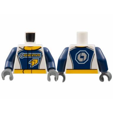 white torso racing suit with gear racing team logo on front and gear on back pattern dark blue arms dark bluish gray hands