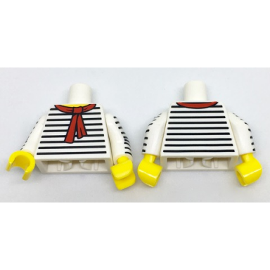 white torso black thin stripes red scarf front and back pattern white arms with black thin stripes pattern yellow hands