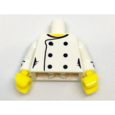 white torso female chef with 6 black buttons and yellow neck pattern white arms with black cuffs and buttons pattern yellow hands