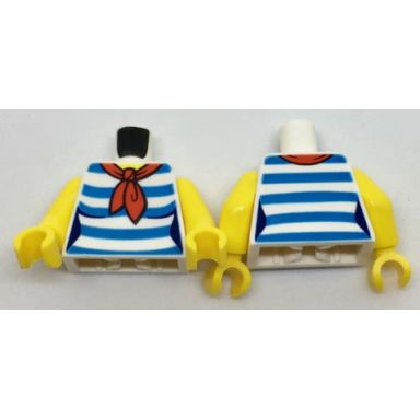 white torso female shirt with dark azure horizontal stripes red scarf yellow neck pattern yellow arms yellow hands
