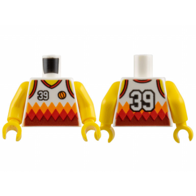 white torso basketball jersey tank top with 39 and orange and red diamonds yellow neck and shoulders back print pattern yellow arms yellow hands