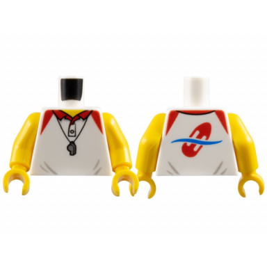 white torso polo shirt with red collar and shoulders silver whistle yellow neck lifeguard float on back pattern yellow arms yellow hands