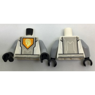 white torso nexo knights armor silver circuits light bluish gray panel orange emblem yellow horse head pattern light bluish gray arms black hands