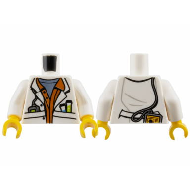 white torso lab coat open with pockets over dark orange shirt and sand blue undershirt test tubes and electronic device pattern white arms yellow hands