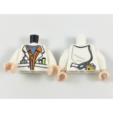 white torso lab coat with sand blue undershirt and test tubes and instrument in pockets pattern white arms light nougat hands