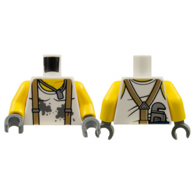 white torso shirt with dark bluish gray splotches dark tan suspenders dog tag necklace and wrench on back pattern yellow arms dark bluish gray hands