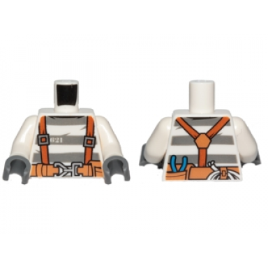 white torso town prisoner number 621 gray stripes suspenders and belt with pliers and rope pattern white arms dark bluish gray hand