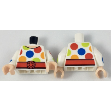 white torso large multicolor polka dots and wide red belt pattern white arms with large multicolor polka dots pattern light nougat hands