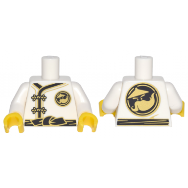 white torso ninjago robe with gold frog clasps black sash and gold sensei wu emblem front and back pattern white arms yellow hands