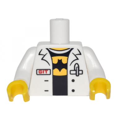 white torso lab coat with pen and red git over black shirt with yellow batman logo pattern white arms yellow hands