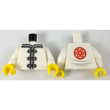 white torso ninjago robe with gray trim white frog clasps and red flower medallion and light bluish gray lines on back pattern white arms yellow hands