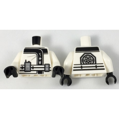 white torso ninjago robe with ninjago logogram ice belt with radio and black emblem pattern white arms black hands