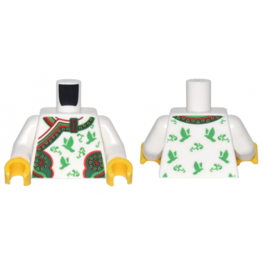 white torso kimono robe with ornate red and green trim birds and flowers pattern white arms yellow hands
