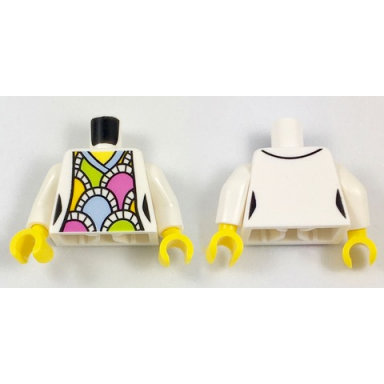 white torso female jacket over v-neck shirt with light blue trim and pastel ovals japanese fans pattern white arms yellow hands