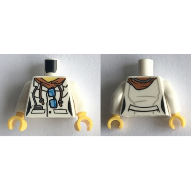 white torso lab coat female with dark orange hoodie and sunglasses pattern white arms yellow hands