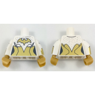 white torso batman female logo with silver dots and gold corset pattern white arms with silver dots and gold cuffs pattern pearl gold hands
