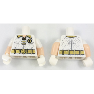 white torso batman r symbol 3 gold clasps and collar and belt and silver dots pattern light nougat arms with molded white short sleeves pattern white hands