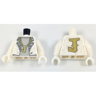 white torso batman jacket with silver dots light gray lapels and shirt gold j necklace and gold j on back pattern disco joker white arms white hands