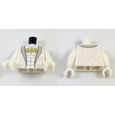 white torso suit jacket with silver lapels and spots gold batman logo and silver muscles pattern white arms white hands