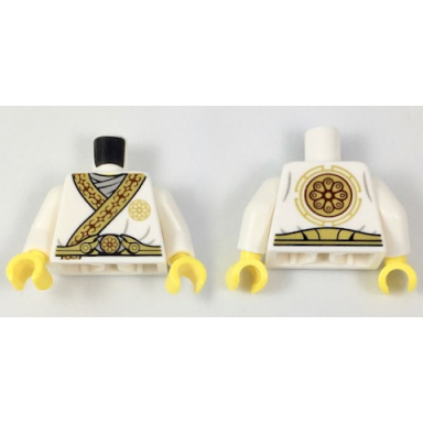 white torso ninjago tunic with gold trim over light gray shirt and gold flower symbol on back pattern white arms yellow hands